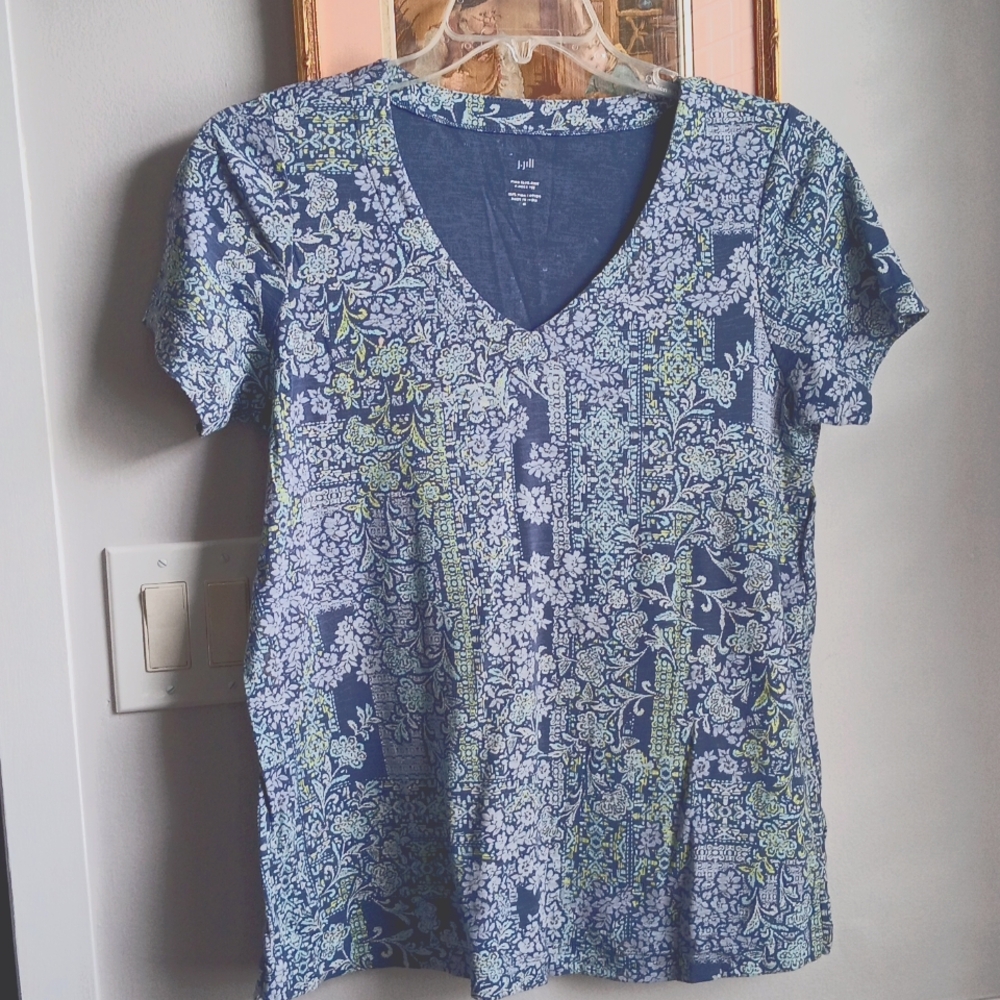 JJill top, blue, gray and yellow, size M, very nice condition.